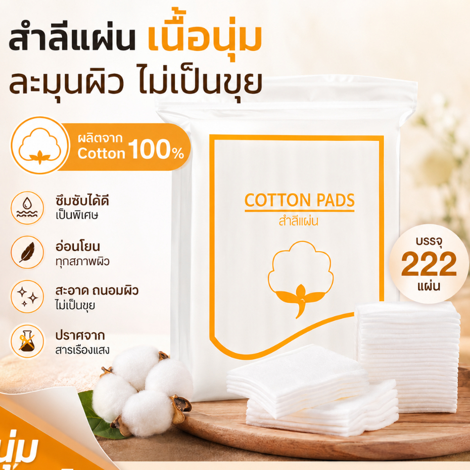 💥พร้อมส่ง 2 ชม💥 สำลีเช็ดหน้า 222 แผ่น ผลิตจากฝ้ายธรรมชาติ ไม่เป็นขุ่ย  Soft,High water Absorption