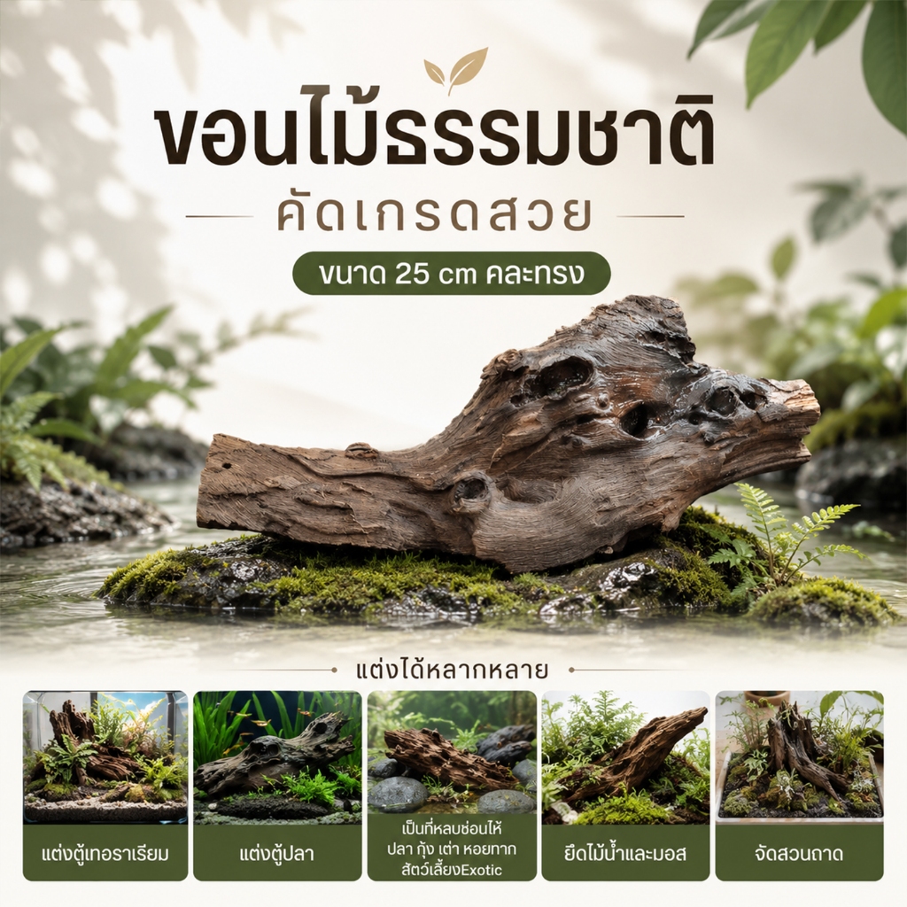 ขอนไม้แต่งตู้ปลา 25cm ชนิดไม่จม  เปลือกไม้ธรรมชาติ ไม้เทอราเรียม ยึดมอส ไม้น้ำ ที่หลบปลา กุ้ง เต่า แต่งสวนถาด