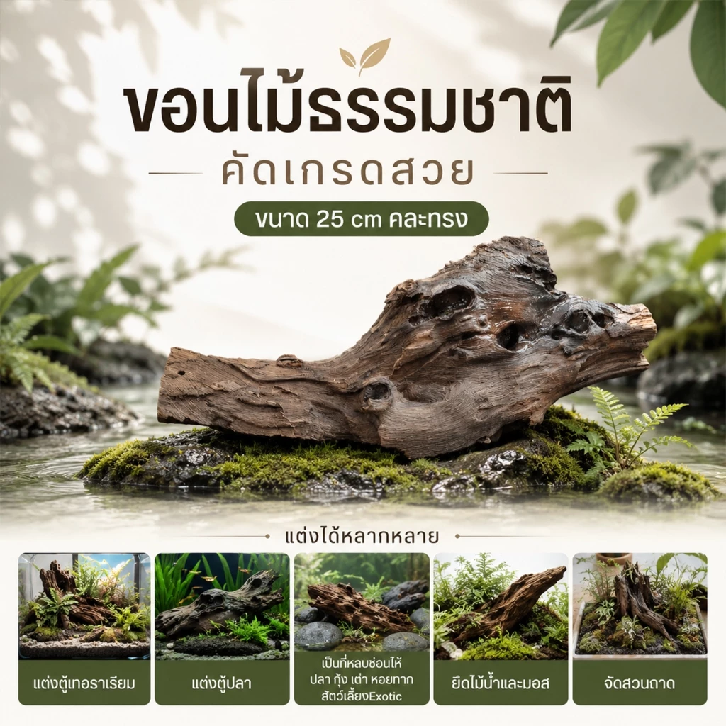 ขอนไม้แต่งตู้ปลา 25cm ชนิดไม่จม เปลือกไม้ธรรมชาติ ไม้เทอราเรียม ยึดมอส ไม้น้ำ ที่หลบปลา กุ้ง เต่า แต่งสวนถาด