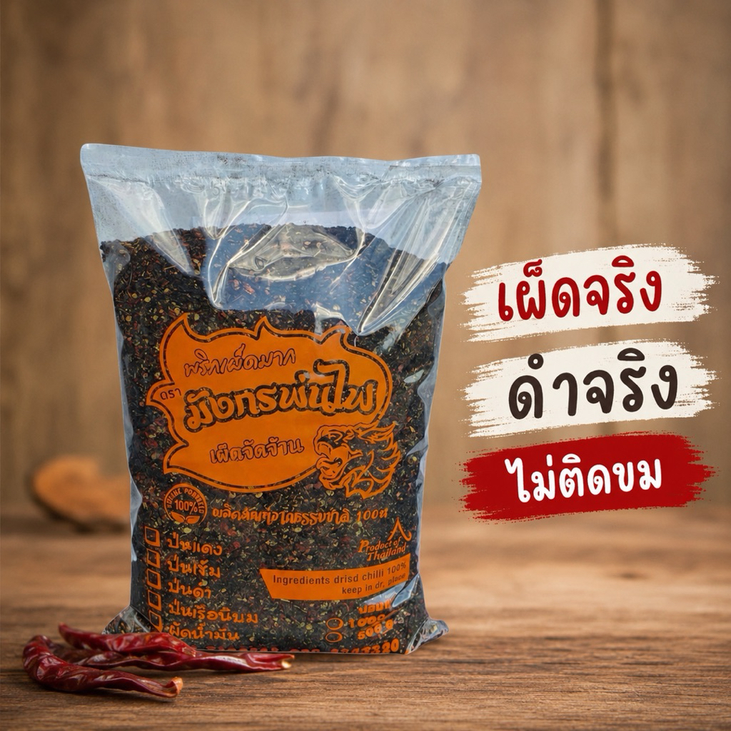 🔥 พริกป่นดำ 1 กก. สูตรก๋วยเตี๋ยวเรือ คั่วเตาฟืน เผ็ดจัด หอมควัน ไม่ผสม(ดำโล)