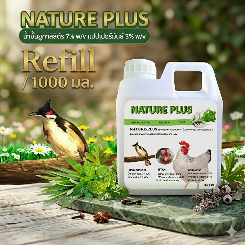 ืNature Plus สเปรย์สมุนไพรออแกนิคสูตรน้ำไล่ไร หมัด เห็บ สำหรับ นก ไก่ และสัตว์ปีก ชนิดแบบเติม