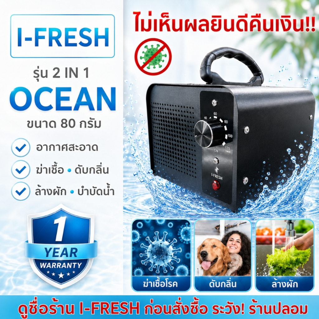รับประกัน 1 ปี มีศูนย์ไทย เครื่องอบโอโซน รุ่น OCEAN 2IN1 ดับกลิ่น ฆ่าเชื้อ เชื้อรา ล้างผัก ผลไม้