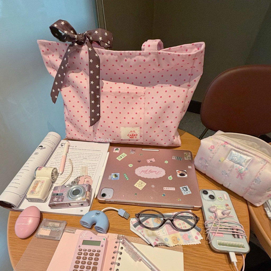 🍬พร้อมส่ง Tote Bag Candy กระเป๋าผ้าแคนวาสลายริ้ว มีซิป ด้านในมีช่องใส่ mac ipad laptop สมุดหนังสือได้