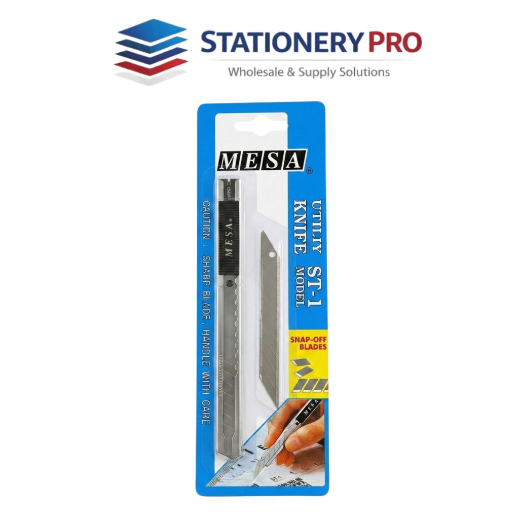 คัตเตอร์ มีดคัตเตอร์ ด้ามสแตนเลส เล็ก 45 องศา (มีใบมีดสำรอง 30 องศา) มีปุ่มล็อค รุ่น ST-1 MESA