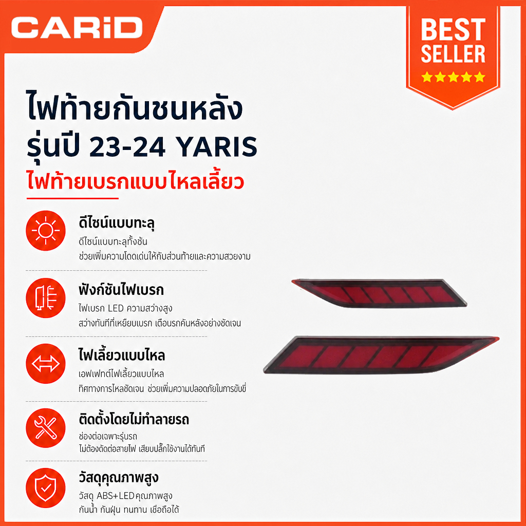 CARiD Toyota Yaris Cross 2023 2024 2 ชิ้น 12V ไฟกันชนหลัง LED พร้อมฟังก์ชั่น 3-in-1 รวมไฟเบรคด้านหลั
