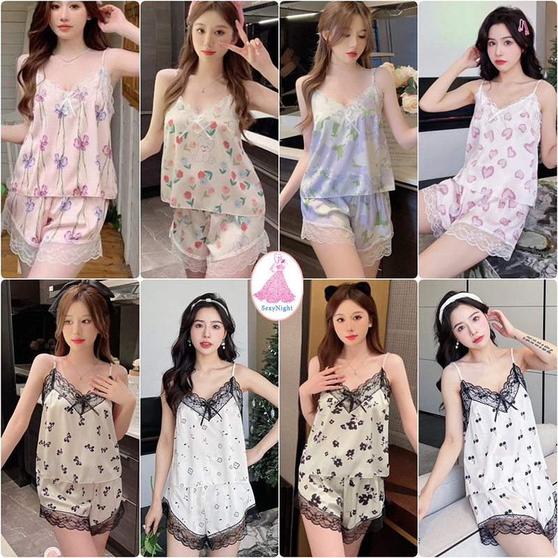 Sexynight ชุดนอนผู้หญิง toplist ลวดลายดอกไม้ ชุดอยู่บ้าน ทรงหลวม คอวี ขอบลูกไม้ สวมใส่สบาย ส่งไวจากไทย
