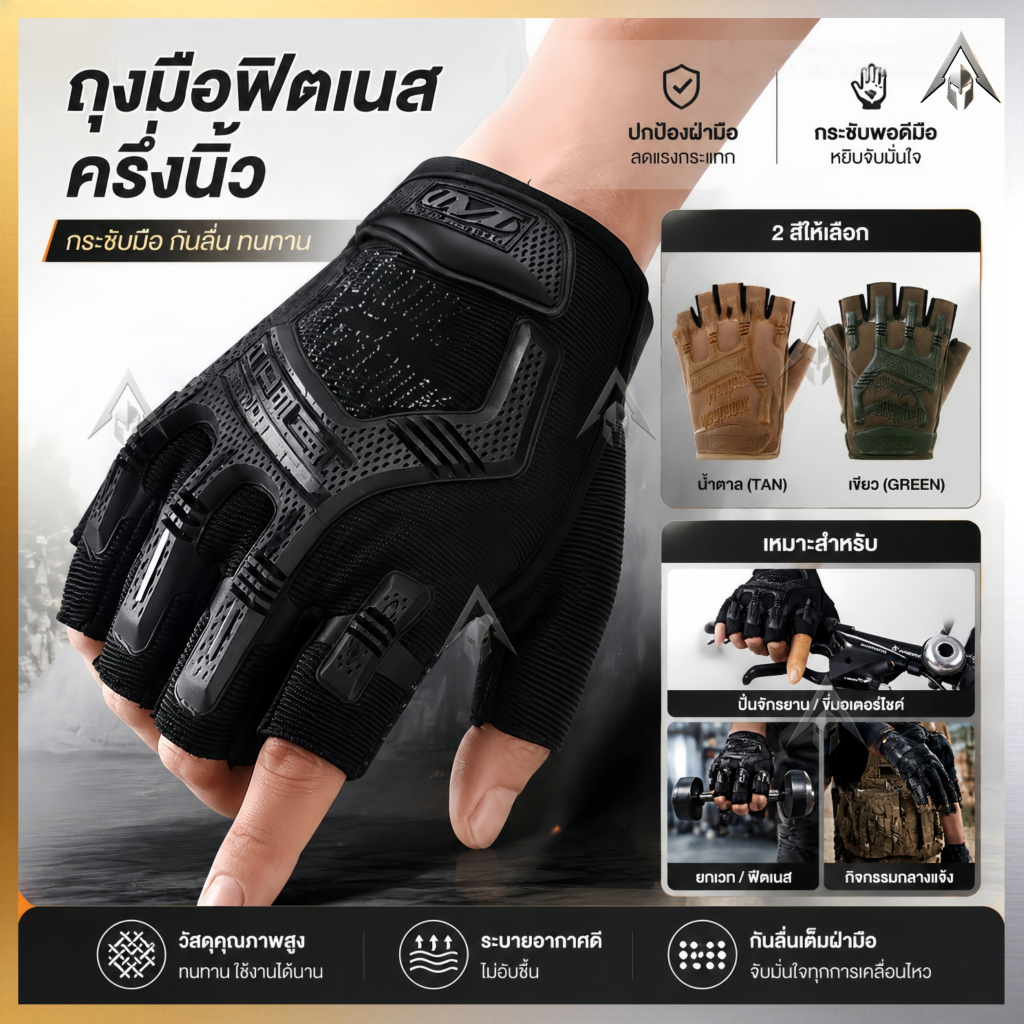 【จัดส่งจากกรุงเทพฯ】ถุงมือยุทธวิธี ครึ่งนิ้ว ซิลิโคน กันกระแทก กันลื่น ทนทาน ขี่มอเตอร์ไซค์ เพ้นท์บอล ปีนเขา ผู้ชาย