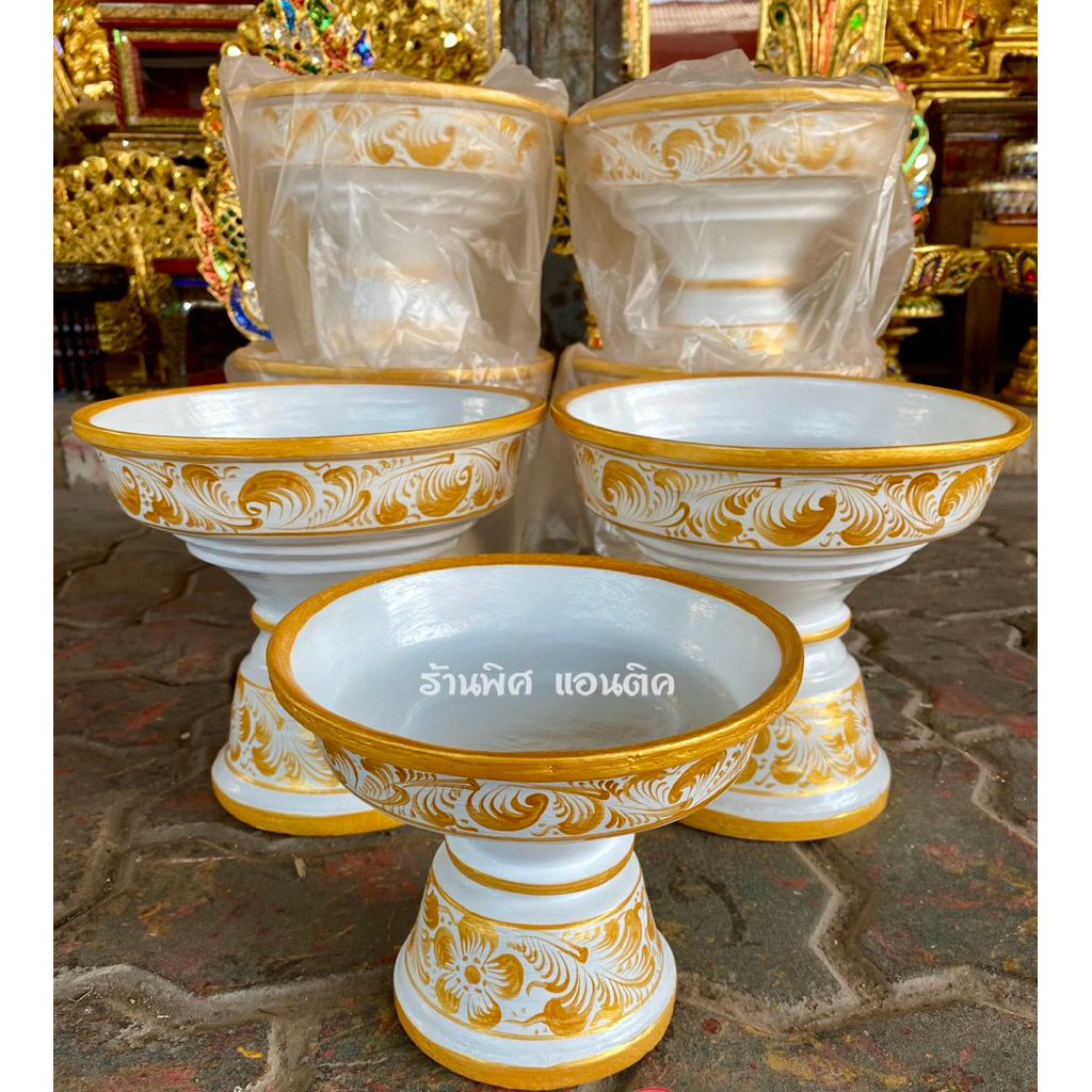 พานไม้ไผ่ สีขาว เพ้นท์ลายทอง