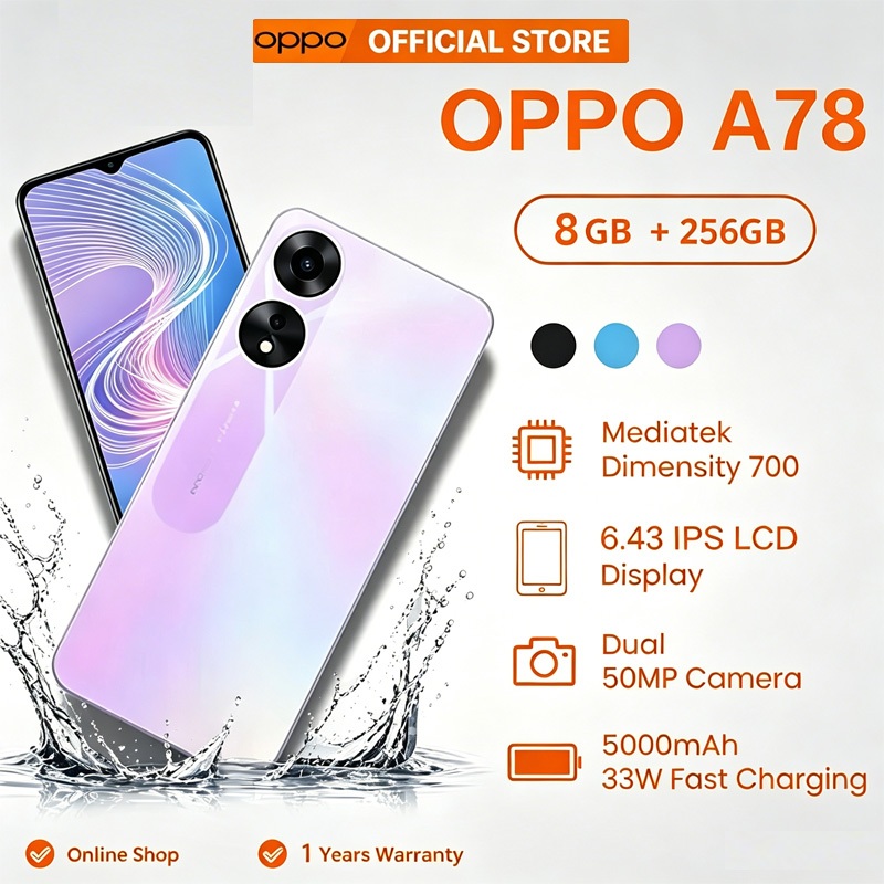 OPPo A78 Ram 8GB Rom 256GB หน้าจอ 6.56 นิ้ว ประกันร้าน เเถมฟรีเคสใส+ฟิล์มกระจก ฟรีอุปกรณ์ครบชุด