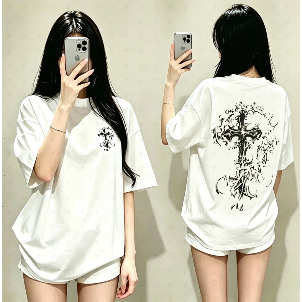 ZY 2026 เสื้อผู้หญิง เสื้อยืด เสื้อยืดผู้หญิง ทรงโอเวอร์ไซส์ คอกลม ลายไม้กางเขน คอตตอนผสม ผ้านิ่ม