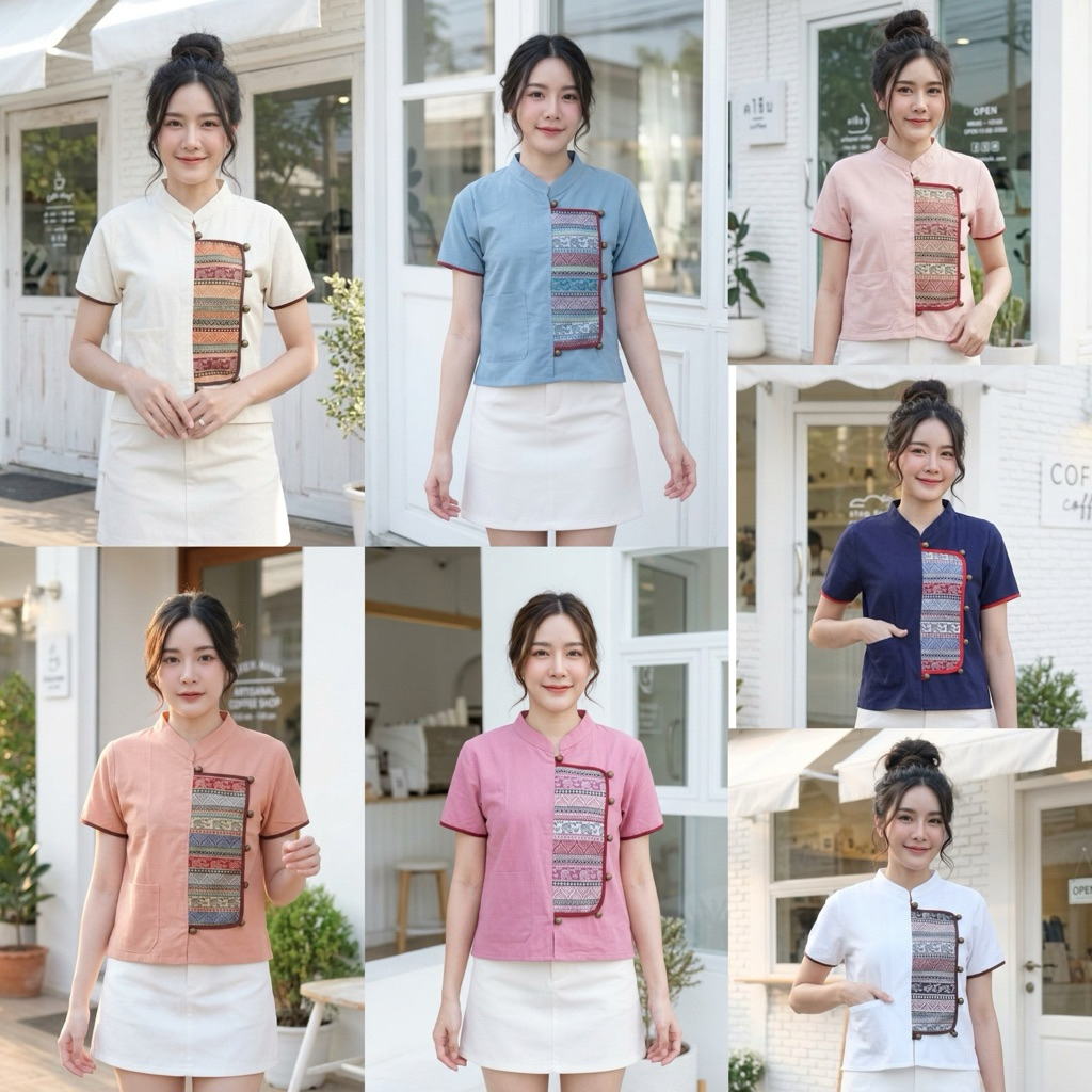 เสื้อผ้าฝ้ายคอจีนป้ายข้างกระดุมทอง