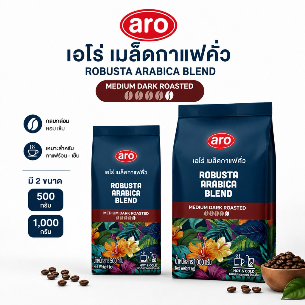 เอโร่ เมล็ดกาแฟคั่ว Robusta Arabica Blend คั่วกลางเข้ม (Medium Dark Roasted)