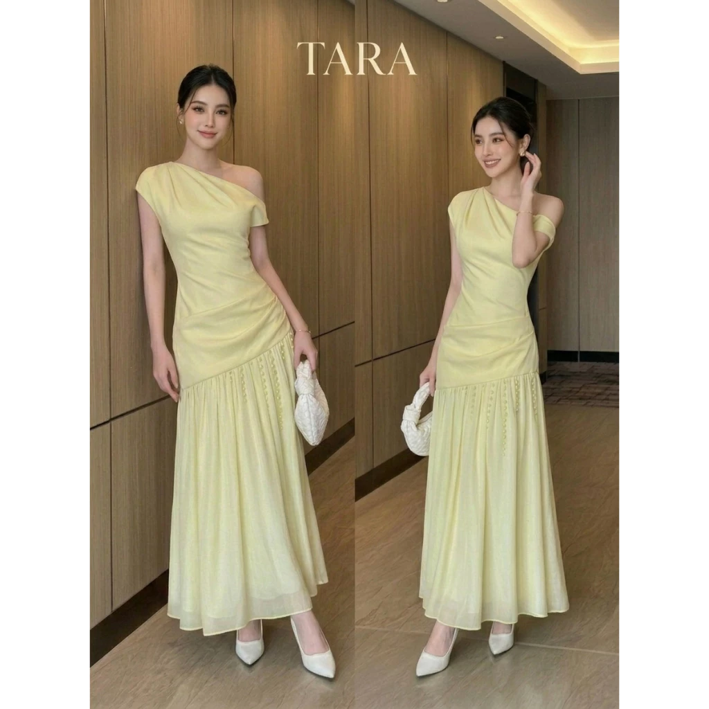 Tarastore ชุดเดรส สีเหลือง แบบละมุน ใส่ออกงาน สวยหรูมาก #G415