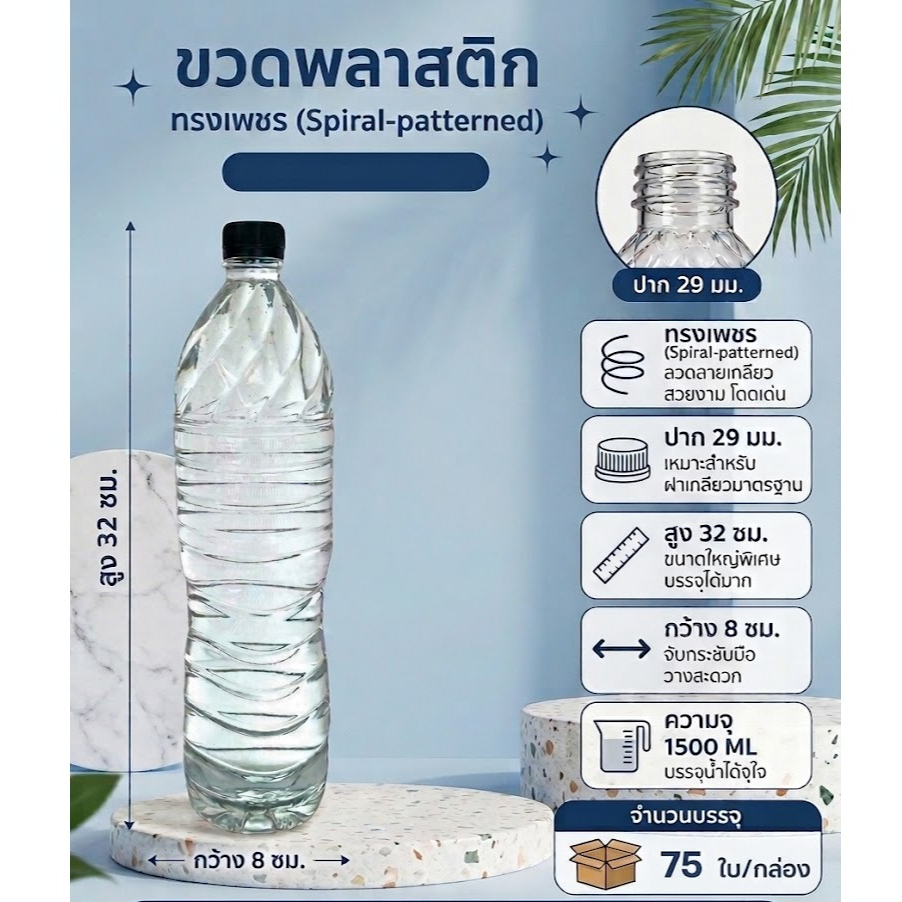 ขวดทรงเพชร ความจุ 1500 ML ปาก 29 มม. จำนวน 75 ใบ/กล่อง