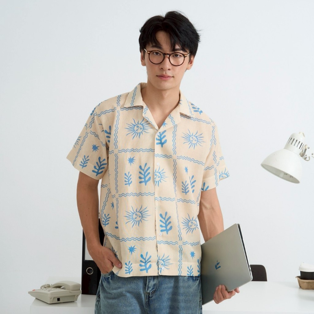 The Rocky blue - shirt เสื้อเชิ้ตแขนสั้นพิมพ์ลาย - ทรง Regular Fit