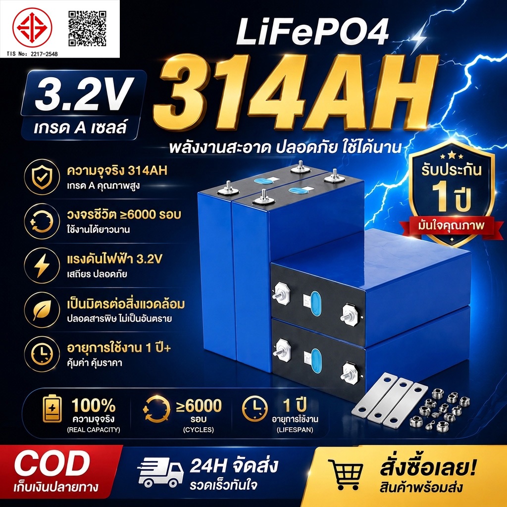 (จัดส่งจากกรุงเทพฯ) แบตเตอรี่ลิเธียมฟอสเฟต EVE 314Ah LiFePo4 2025 ใหม่ 3.2V Class A ใหม่เอี่ยมแท้ 100% สำหรับงานโซล่าเซล