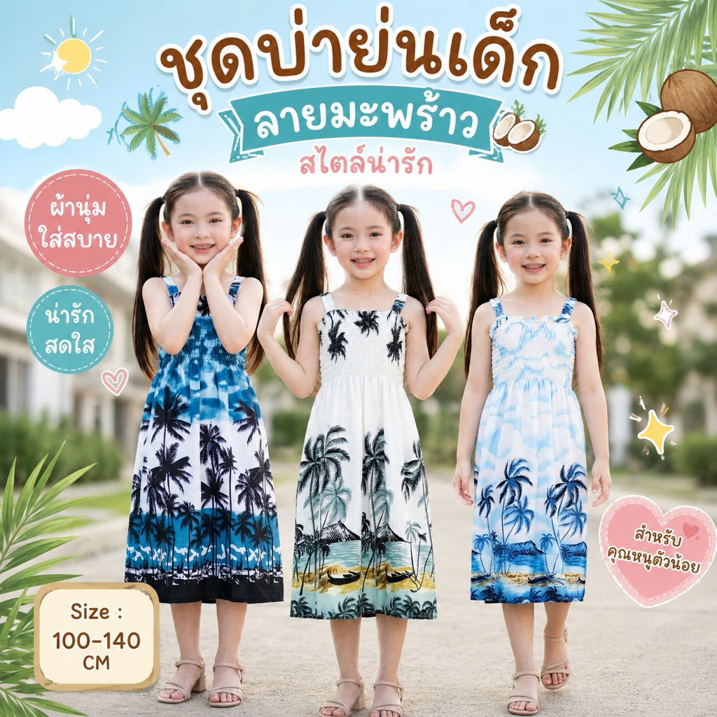 HAWAII  SHIRT ชุดเดรสบ่าย่นเด็ก (ลายมะพร้าว) ชุดไปเที่ยวทะเล น่ารัก ผ้าไหมอิตาลี ผ้านิ่มใส่สบาย🌤️🌴🌊🚤