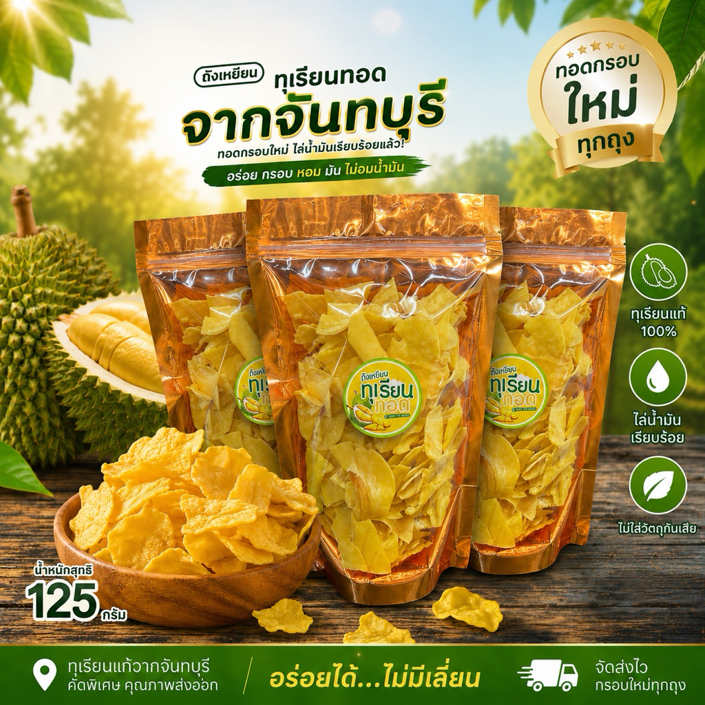 ทุเรียนทอด เกรดB  125 กรัม ถังเหยียนทุเรียนทอด ทุเรียนทอดจันทบุรี (ราคาต่อ 1 ถุง)