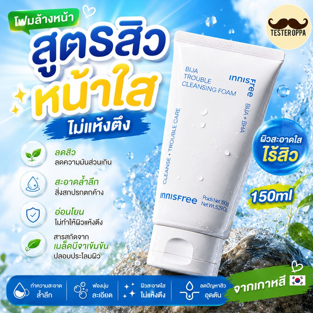 INNISFREE BIJA TROUBLE FACIAL FOAM 150ml — โฟมล้างหน้าสูตรสิว ผิวสะอาดใส ไม่แห้งตึง 🇰🇷