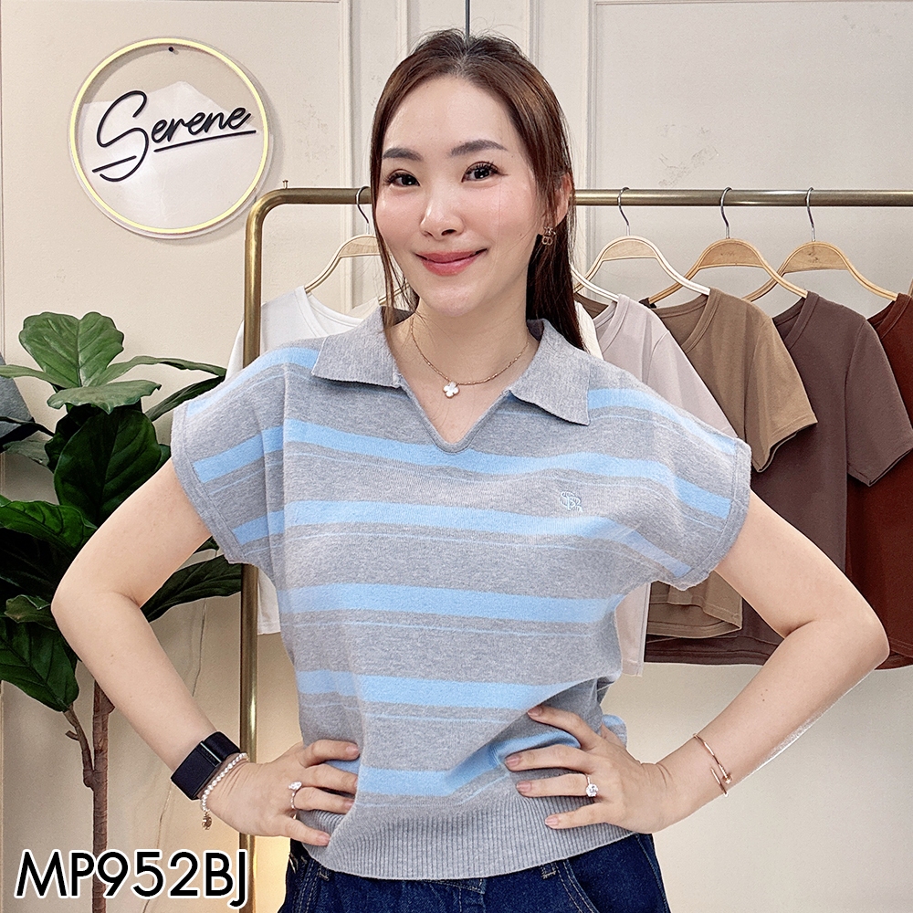 Serene's Choice เสื้อไหมพรม โปโลแขนล้ำ ลายริ้ว Stripe คอปก ปักโลโก้ Serene สไตล์เกาหลี