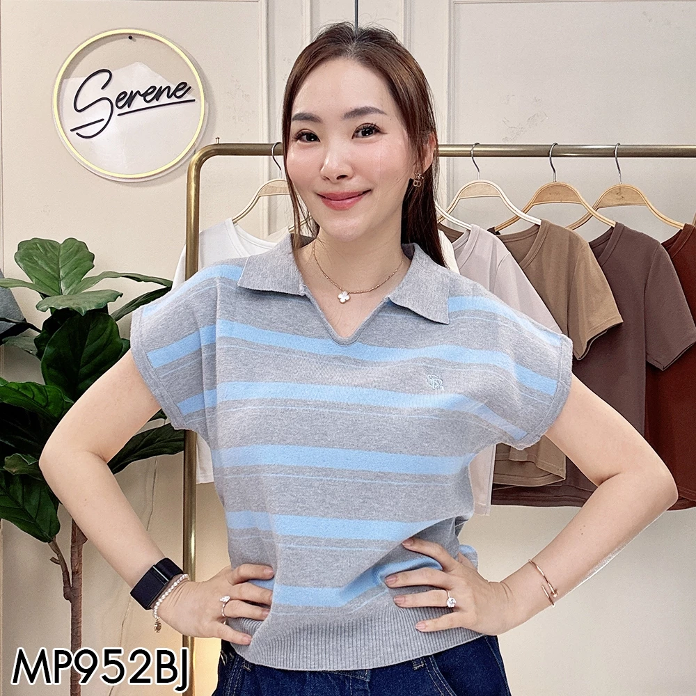 Serene's Choice เสื้อไหมพรม โปโลแขนล้ำ ลายริ้ว Stripe คอปก ปักโลโก้ Serene สไตล์เกาหลี