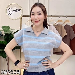 Serene's Choice เสื้อไหมพรม โปโลแขนล้ำ ลายริ้ว Stripe คอปก ปักโลโก้ Serene สไตล์เกาหลี