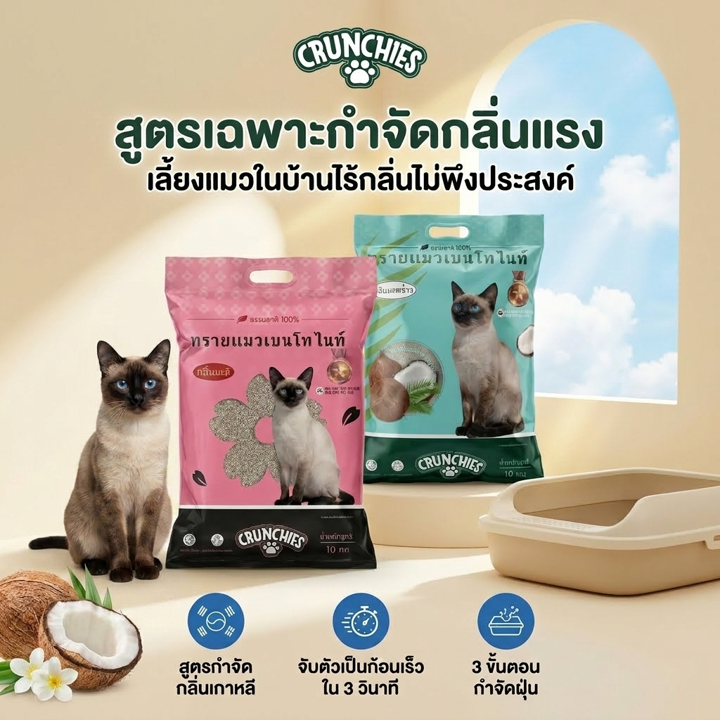 ทรายแมวเบนโทไนท์ Crunchies 10กก. สูตรเกาหลี กำจัดกลิ่นแรง จับตัวเร็ว กลิ่นมะพร้าว/มะลิ คุณภาพดี