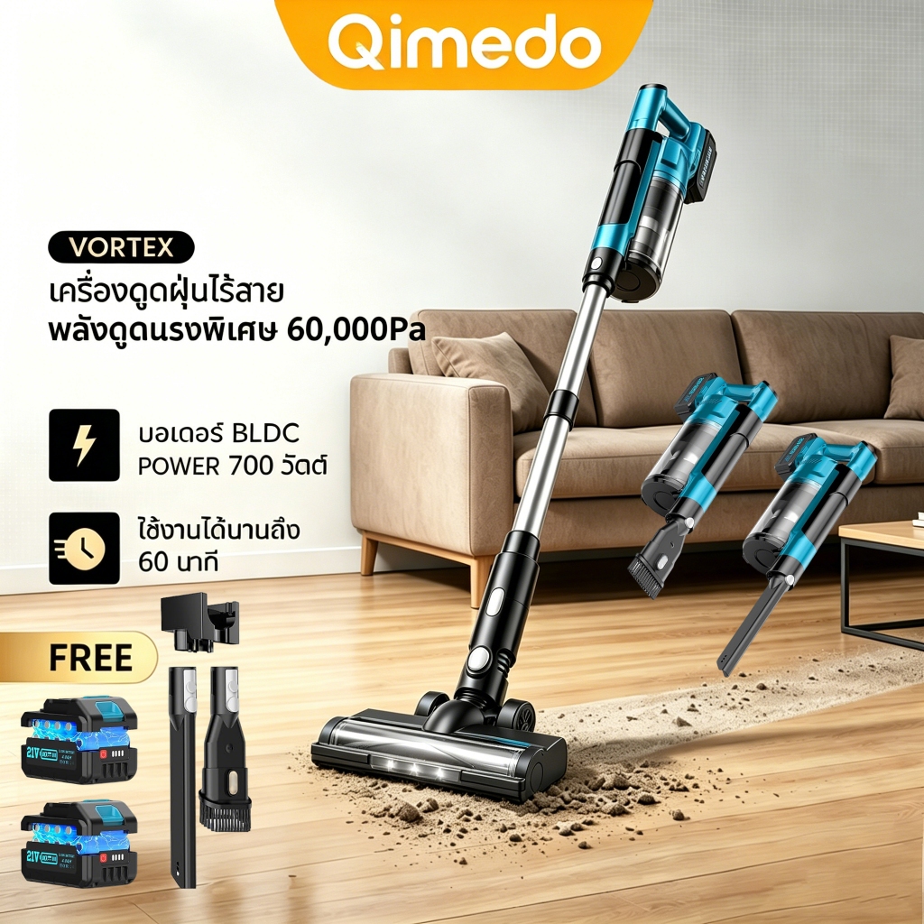 Qimedo 60KPa เครื่องดูดฝุ่นไร้สาย Cordless Vacuum Cleaner (700วัตต์ HEPA) เครื่องดูดฝุ่นไร้สายมือถือแบบพกพา