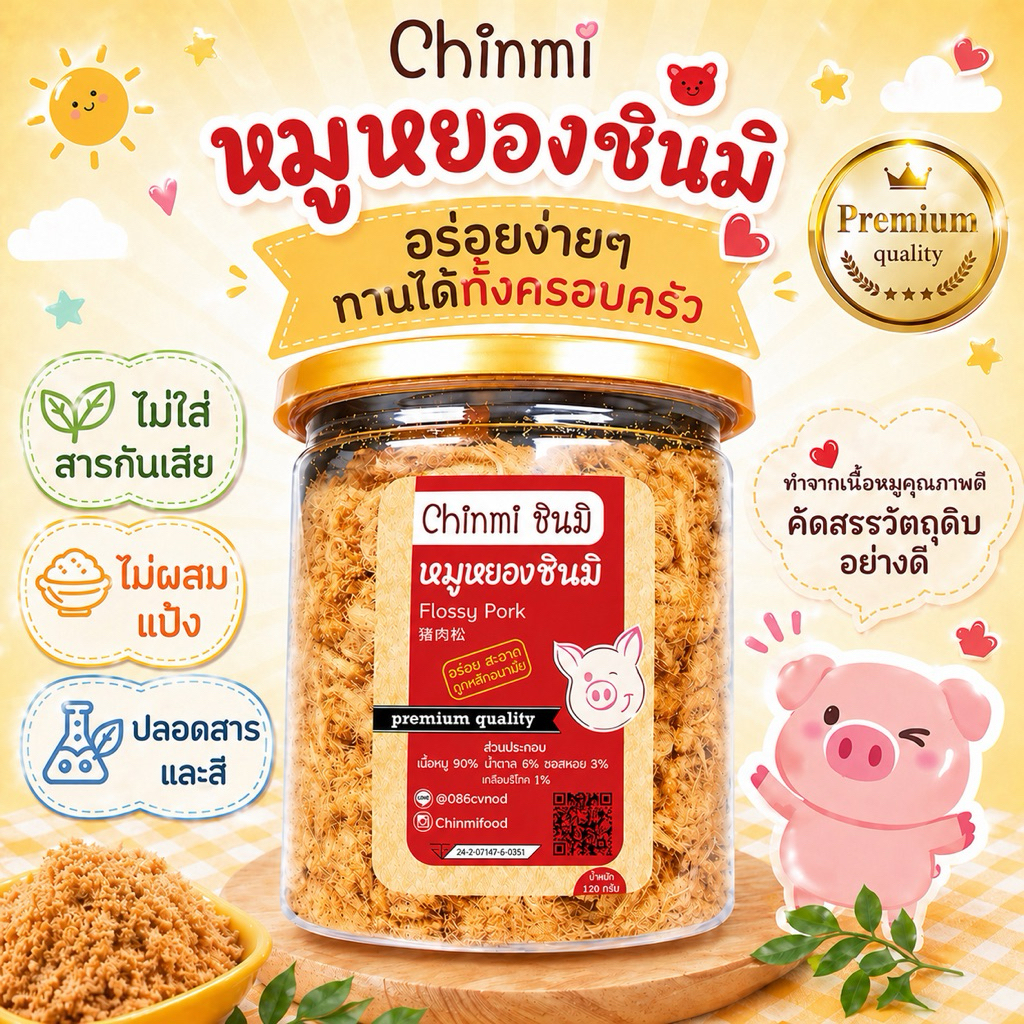 Chinmi หมูหยอง 🐽ไม่ใส่สารกันบูด ไม่ใส่ผงชูรส หมูหยอง ชินมิ ฝาซีลอย่างดี ขนาด 120g. 1 กระปุก
