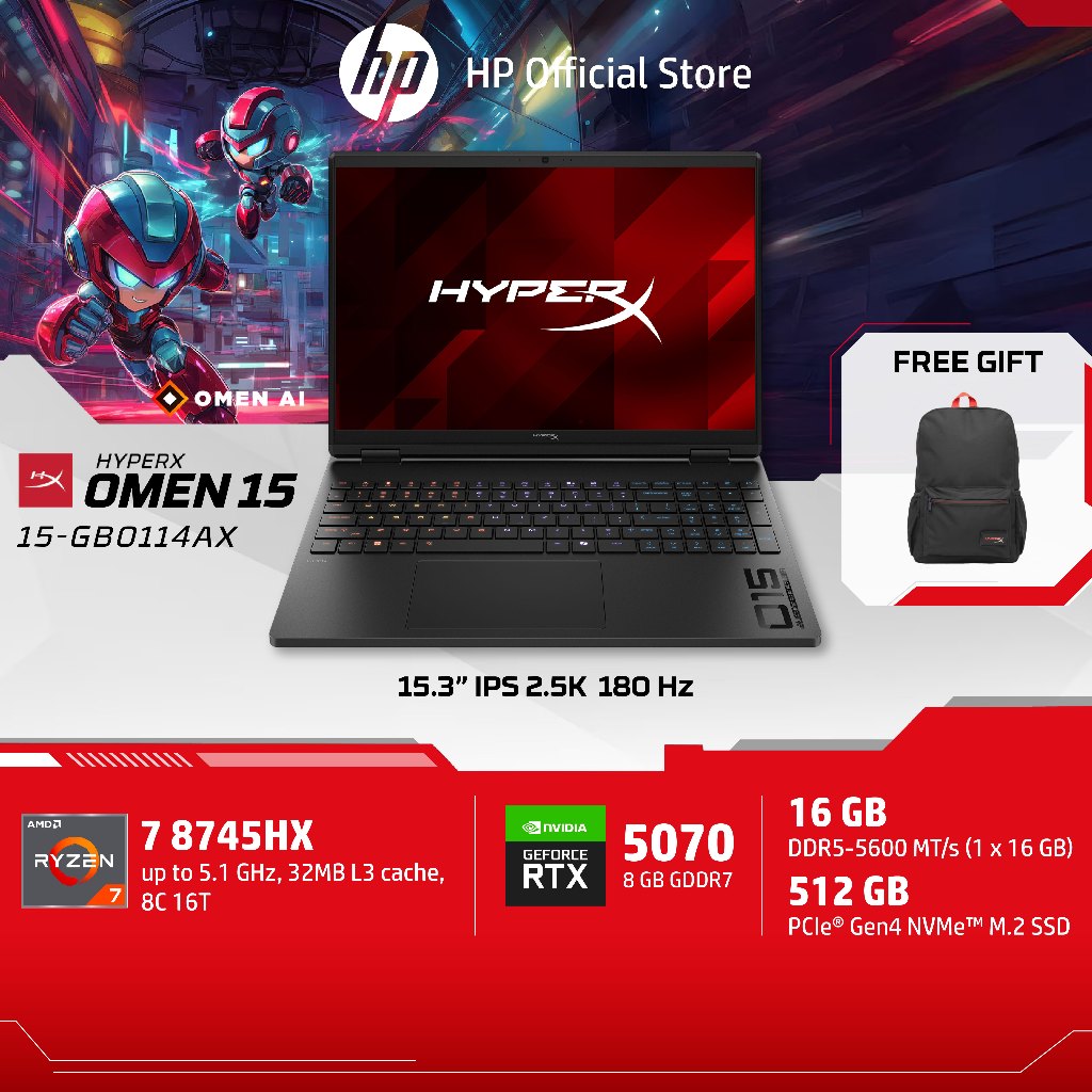 [ฟรี 2เม้าส์+หูฟัง]HyperX OMEN 15 | Ryzen 7 8745HX | RTX 5070 | 16GB/1TB | 15.3" 2.5K 180Hz | Win11