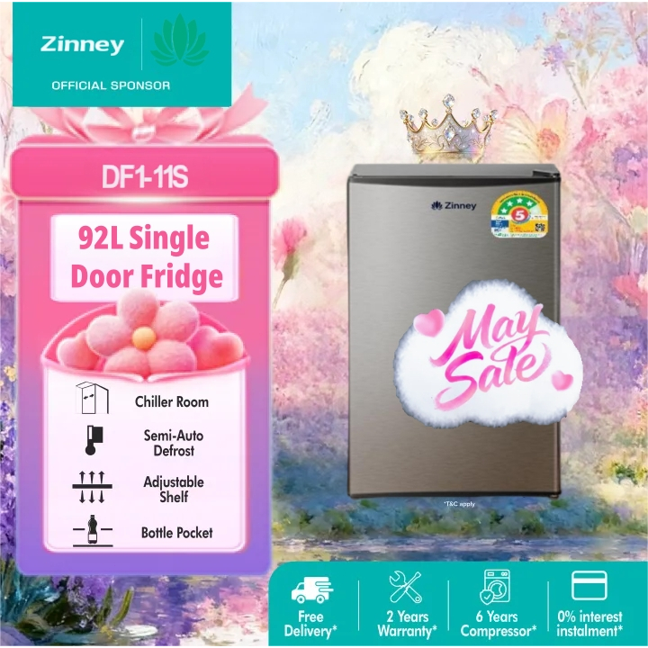 Zinney ตู้เย็น 1 ประตู ขนาด 3.4Q/92L เงิน รุ่น DF1-11S ประหยัดพลังงาน & Quiet Operation 3 ปี