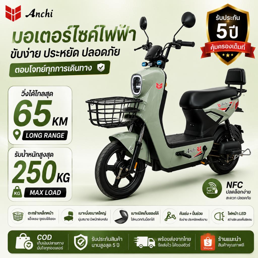 จักรยานไฟฟ้า จักรยานไฟฟ้าสำหรับผู้ใหญ่ Anchi 65KM รับน้ำหนัก 250KG มีตะกร้า ปั่นช่วยได้ NFC