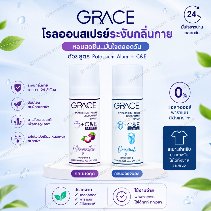 แท้ สเปรย์ระงับกลิ่นกาย จากสารส้มธรรมชาติ อ่อนโยน ไม่ทิ้งคราบ หอมทนทั้งวัน GRACE