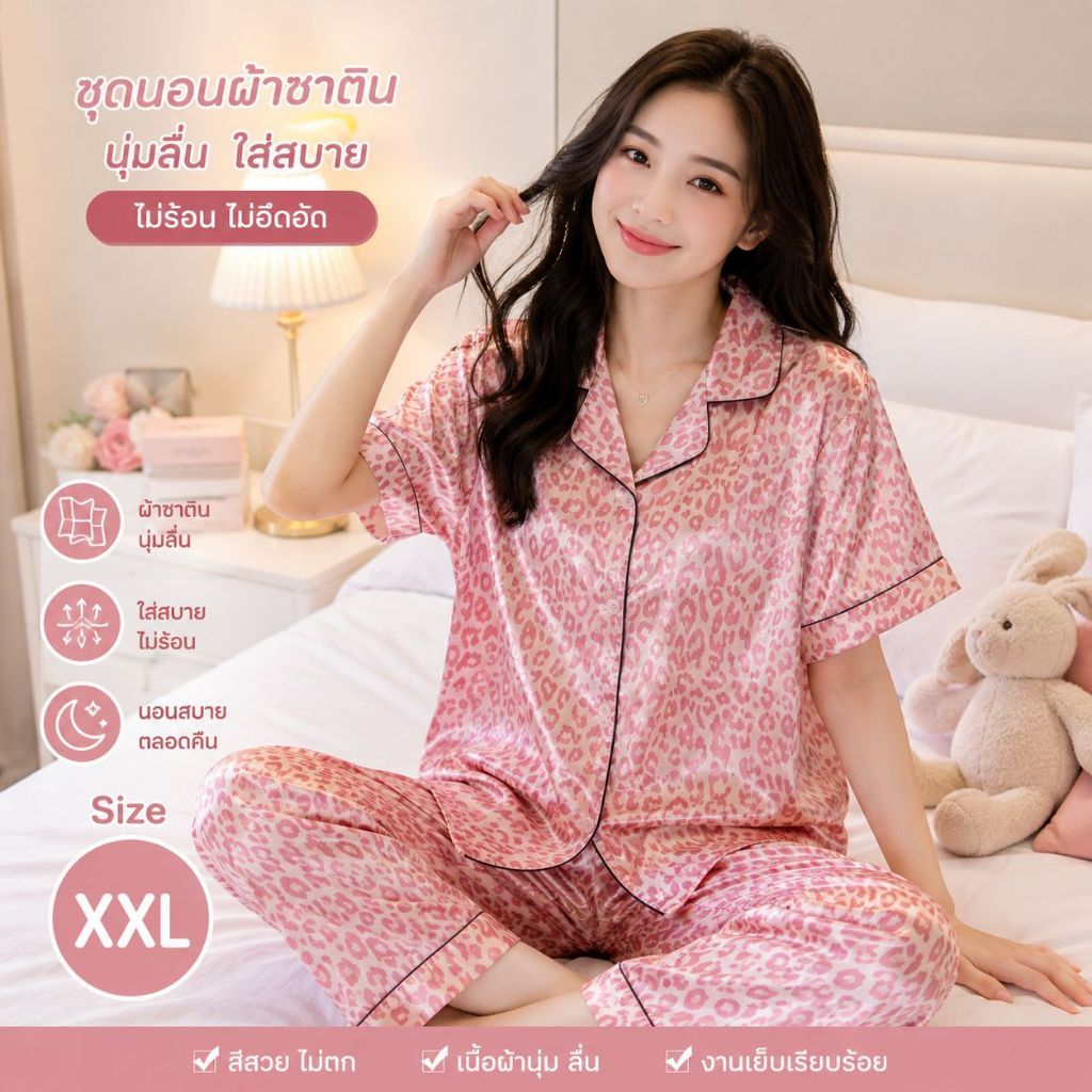 ชุดนอนผ้าซาติน คอปก เสื้อแขนสั้น+กางเกงขายาว ผ้าลื่น ใส่สบาย ไซส์ XXL  ✨✨พร้อมส่ง✨✨