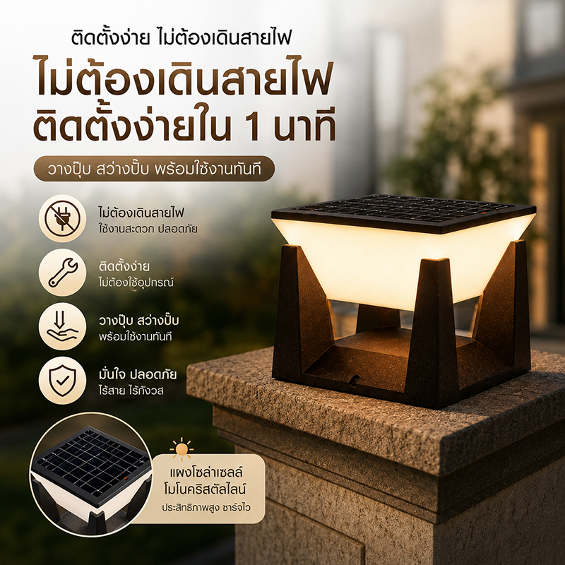 โคมไฟหัวเสา Y140 Solar light pillar lamp 20CM 3ระบบไฟ ไฟโซล่าเซลล์กลางแจ้ง กันฝนIP65 Outdoor garden