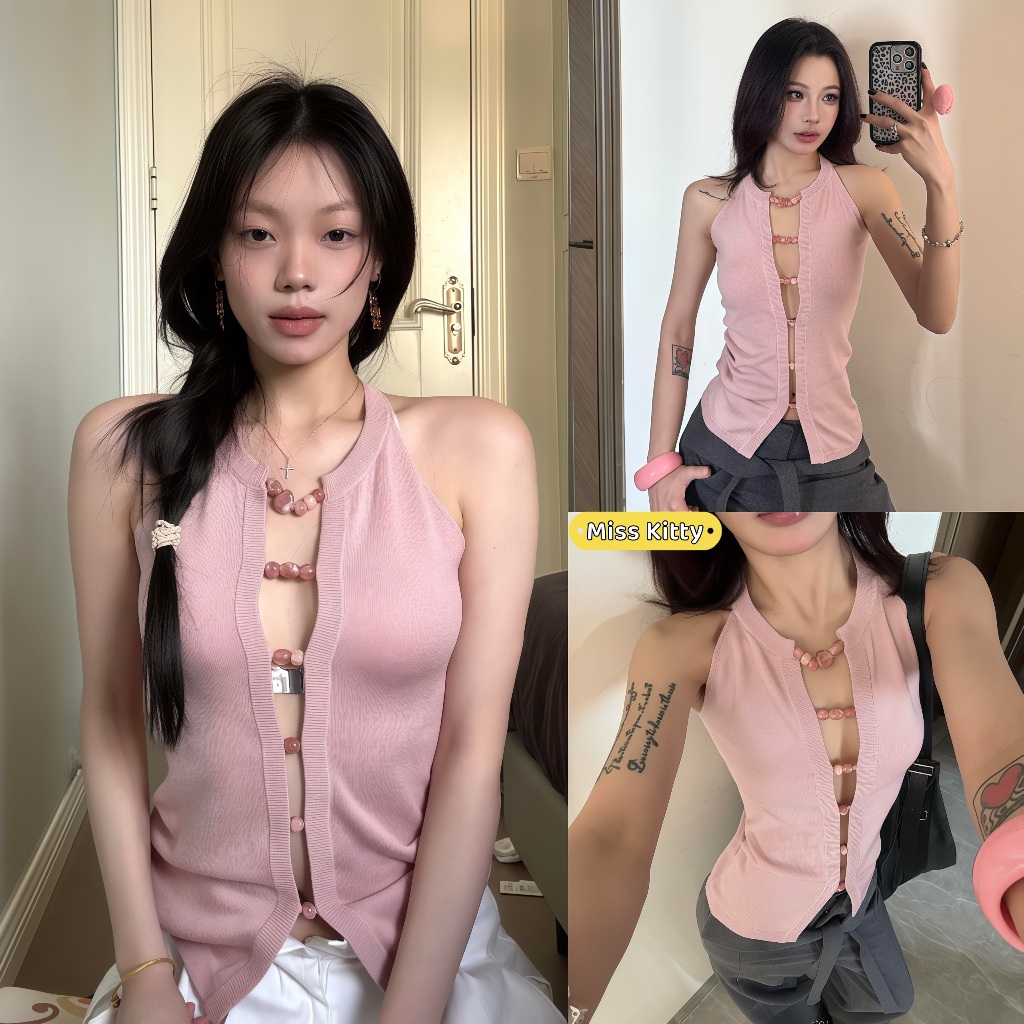 Miss Kitty เสื้อแขนกุดผู้หญิง เสื้อสายเดี่ยวถัก คล้องคอ เจาะลาย ดูผอมลง -FY5151
