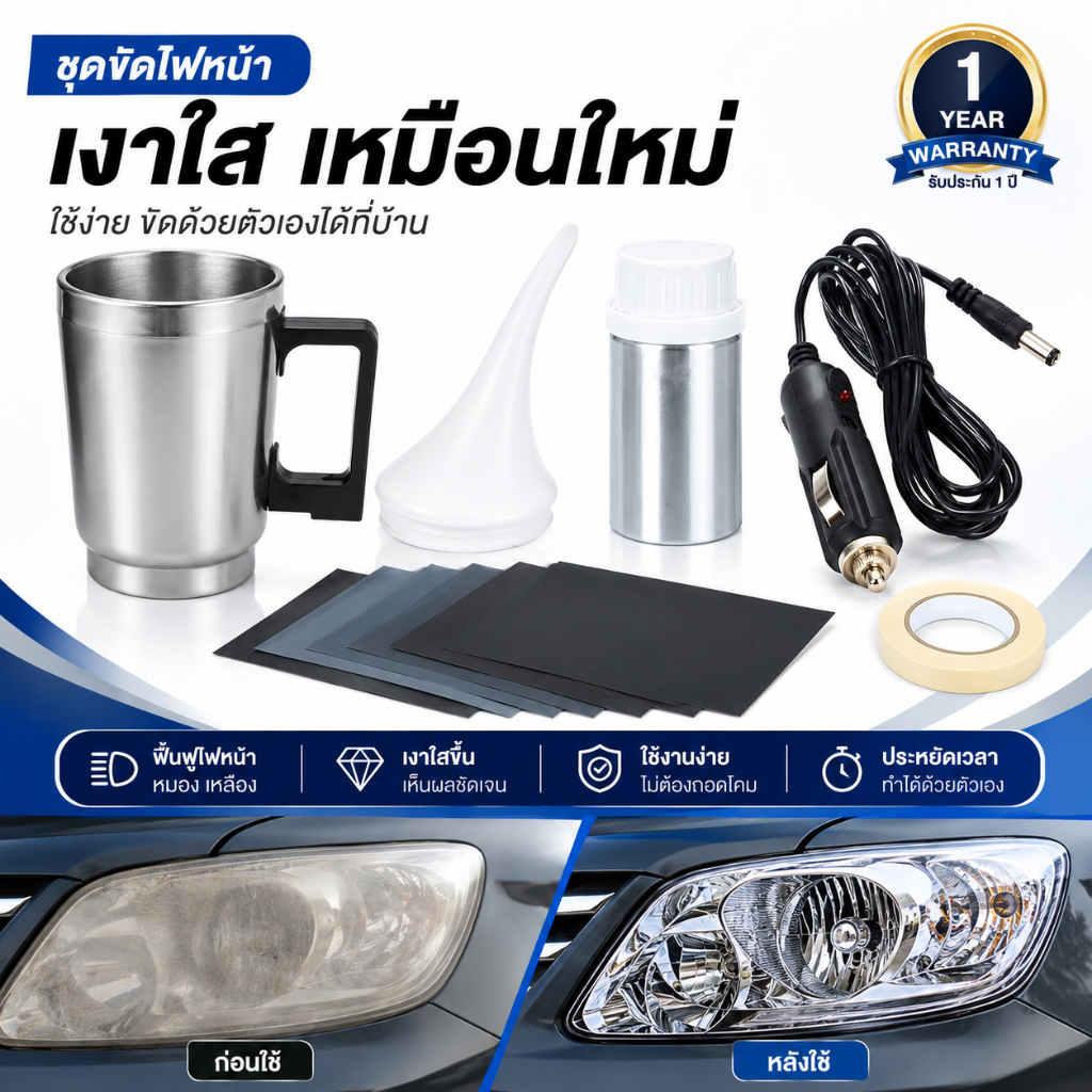 ชุดขัดเคลือบไฟหน้ารถยนต์ 100ml กาพ่นเคลือบฟื้นฟูโคมไฟหน้า ลบเหลือง ขุ่น มัว ไม่ต้องถอด 1 ชุด
