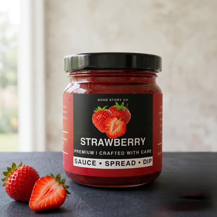 พรีเมียม ซอสสตรอเบอรี่ผสมเนื้อสตรอเบอรี่ หวานน้อย ขนาด 200g | Good Story Strawberry Sauce