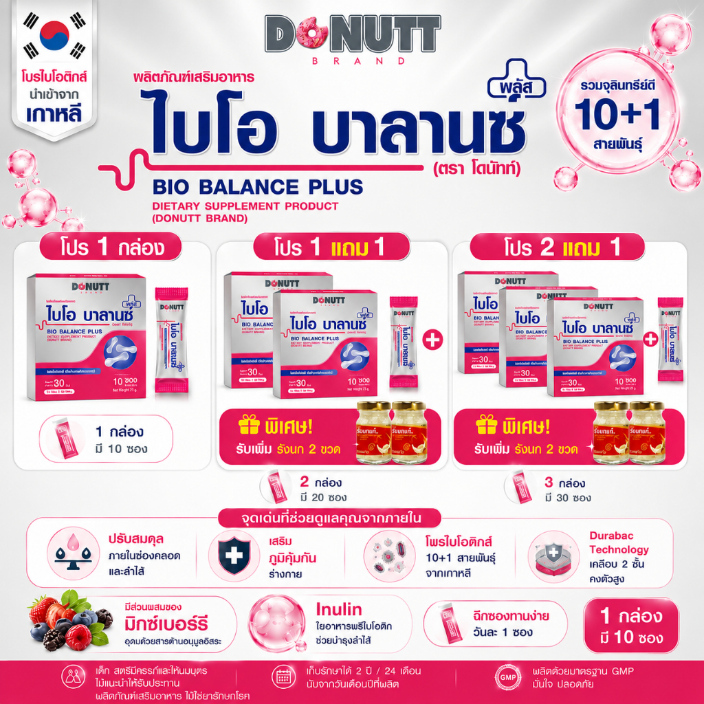 Donutt Brand | Bio Balance Plus (โพรไบโอติกส์ 10 สายพันธุ์) อาหารเสริมสำหรับผู้หญิง ดูแลสมดุลภายใน 1