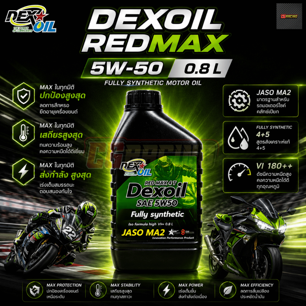 **ฟรี พวงกุญแจ** Dexoil Red Max 4T 5W-50 กรุ๊ป 4+5 น้ำมันเครื่องสังเคราะห์แท้ขนาด 0.8L.