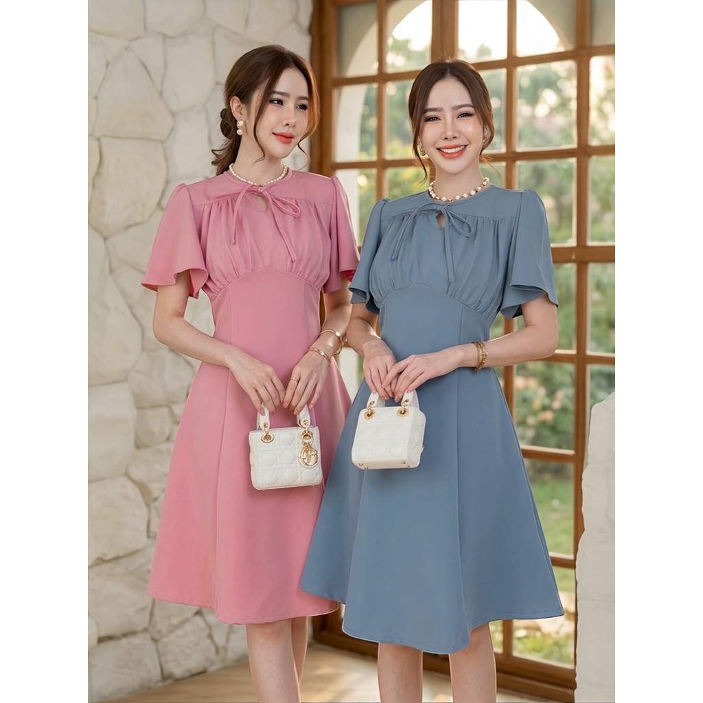 Beauty dress เดรสคอผูกโบว์ ย่นหน้า ป้าย VERA