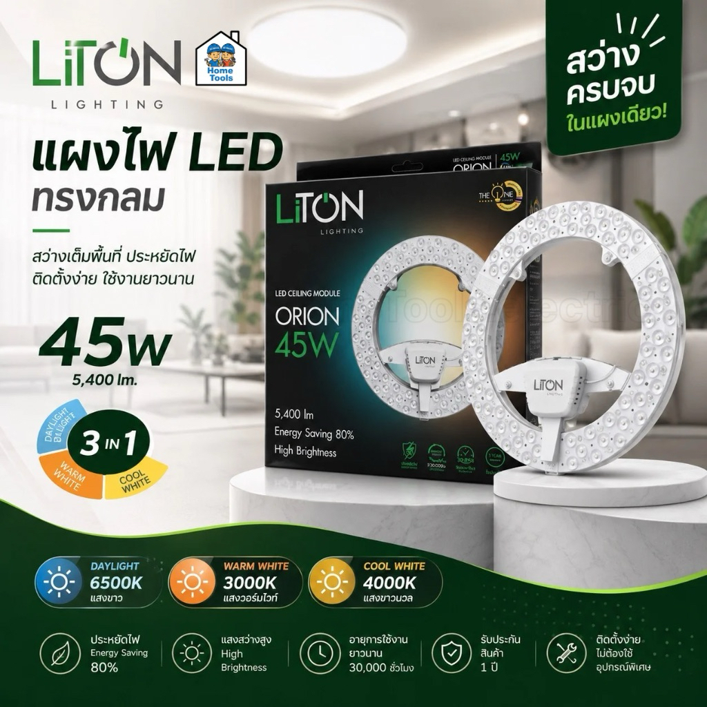LiTON แผงไฟ LED แผ่นซิพโคมไฟเพดาน รุ่น ORION 45W 3แสงใน1โคม โคมไฟเพดาน ใช้กับโคมซาลาเปา แผงไฟ magnet แผ่นชิพled โคมเพดาน
