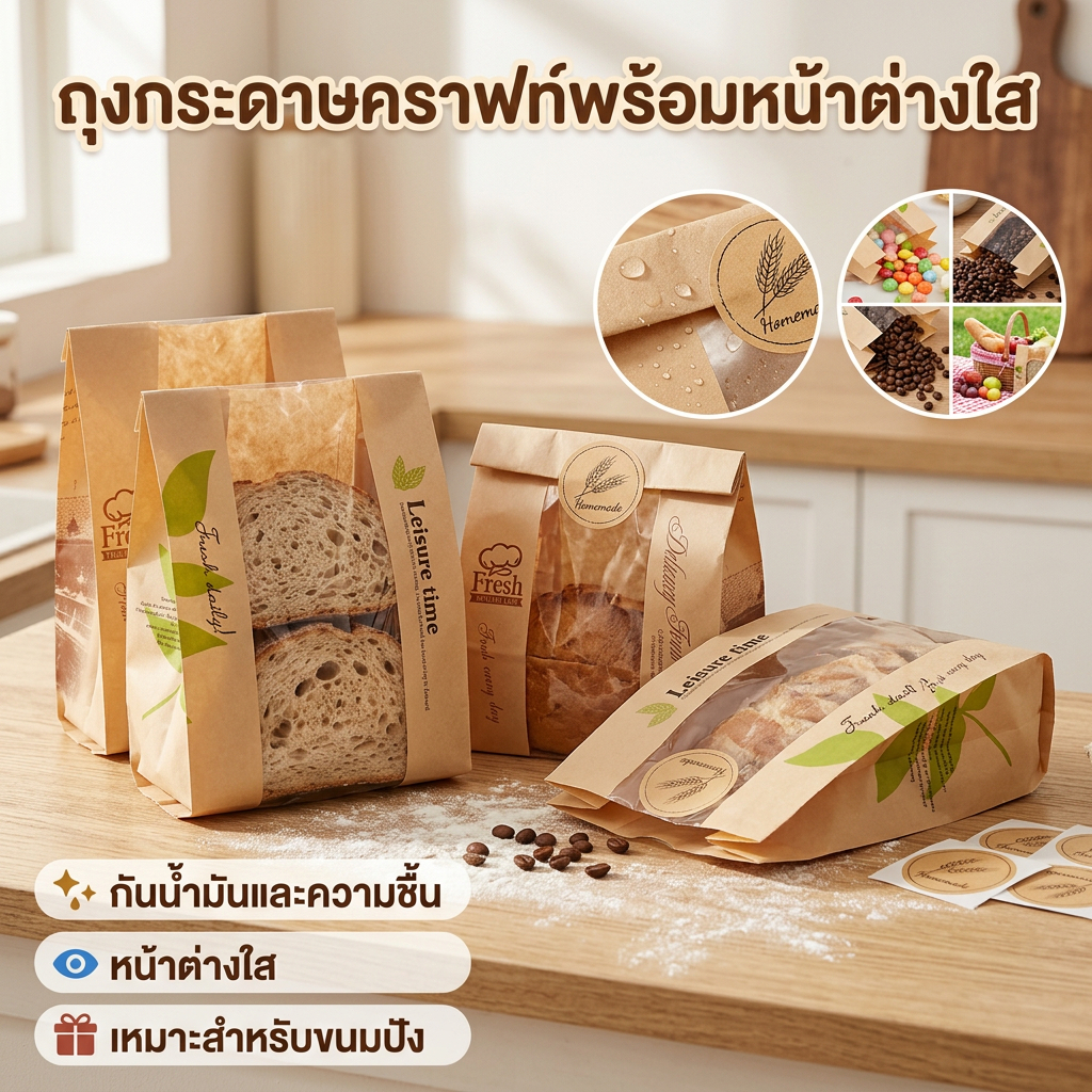 ถุงขนมปังกระดาษ 50 ใบ | กันน้ำกันน้ำมัน | หน้าต่างใส+สติกเกอร์ | ขนาด 32x21x9 ซม. | สำหรับร้านเบเกอรี่และใช้ในบ้าน