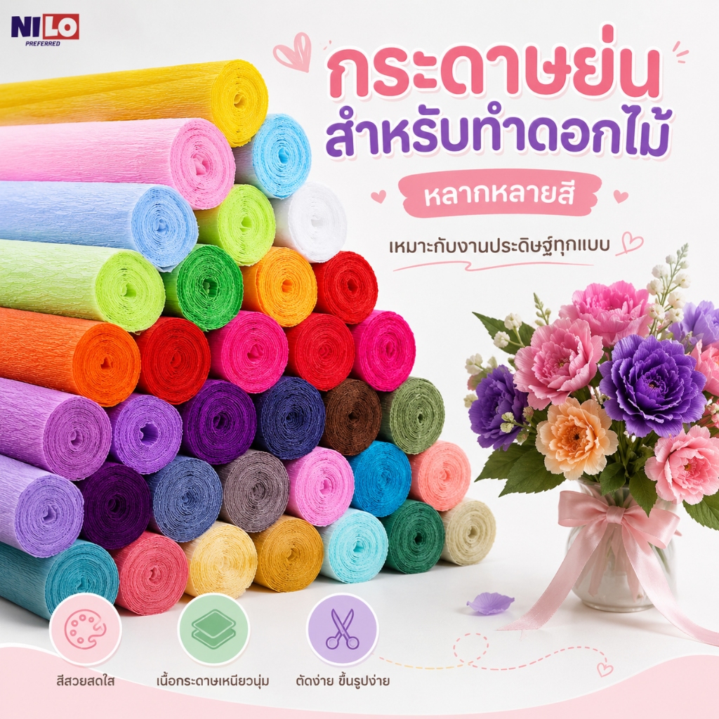 กระดาษย่นหลายสี 250x50 ซม. กระดาษประดิษฐ์ดอกไม้ ใช้ง่าย เหมาะกับเด็กและผู้ใหญ่