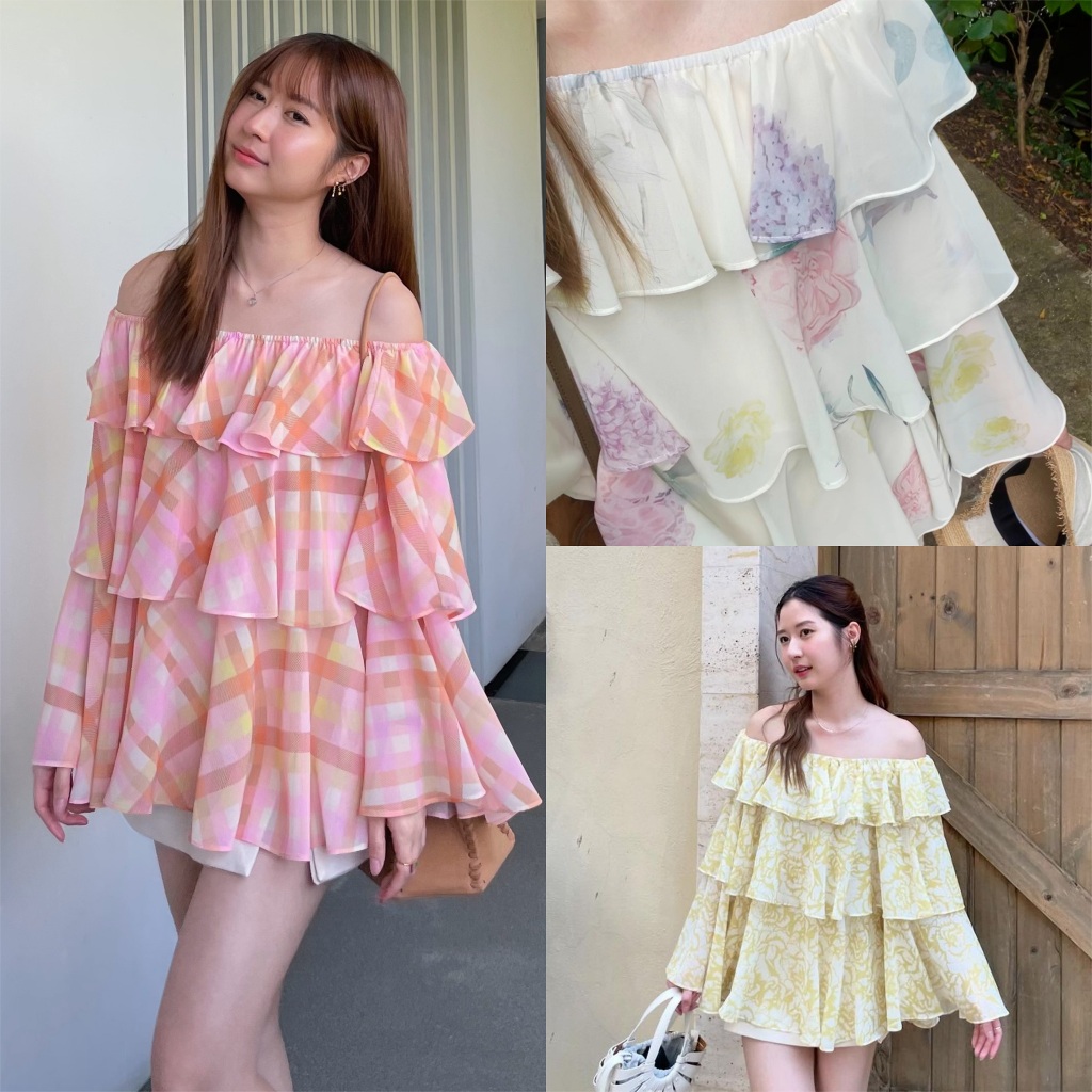 Dressupcorner เสื้อปาดไหล่ระบายสามชั้น DCN01224