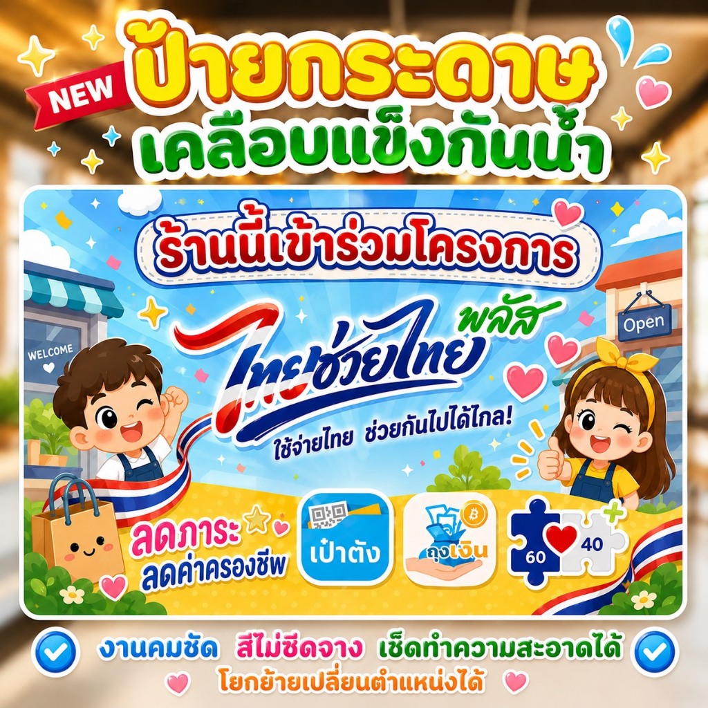 พร้อมส่ง! ป้ายเคลือบแข็ง โครงการ ไทยช่วยไทย+พลัส คนละครึ่ง เราชนะ เรารักกัน ติดหน้าร้าน สีสด กันน้ำ