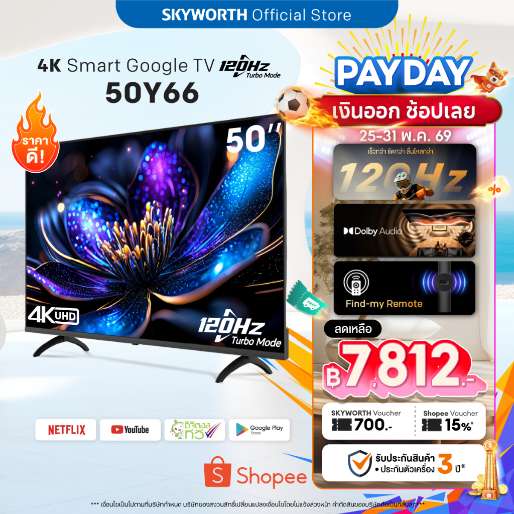 [ประกัน3ปี] SKYWORTH 50 นิ้ว Google TV 120Hz* ทีวี 4K LED Dolby Audio Eye Care รุ่น 50Y66  รองรับ Netflix YouTube Wifi