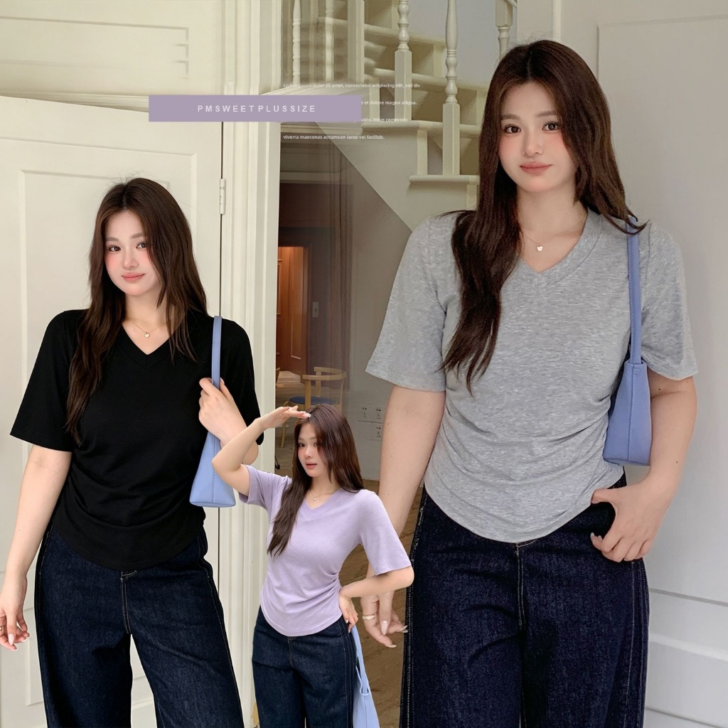 [ 🔥อกถึง 48" ] : PMP2496 : พรีออเดอร์ เสื้อยืดแขนสั้นไซส์ใหญ่ คอ V สไตล์เรียบเซ็กซี่ ทรงแขนค้างคาว