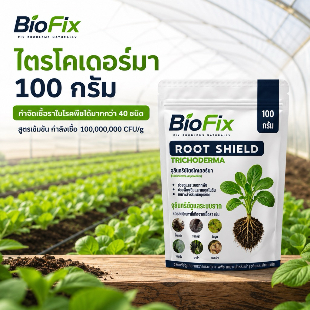 BioFix ไตรโคเดอร์มา 100 กรัม โตรไคเดอร์มา แก้โรคราในพืช สูตรเข้มข้น กำจัดเชื้อ ฟื้นใบ ปลอดภัยไร้เคมี