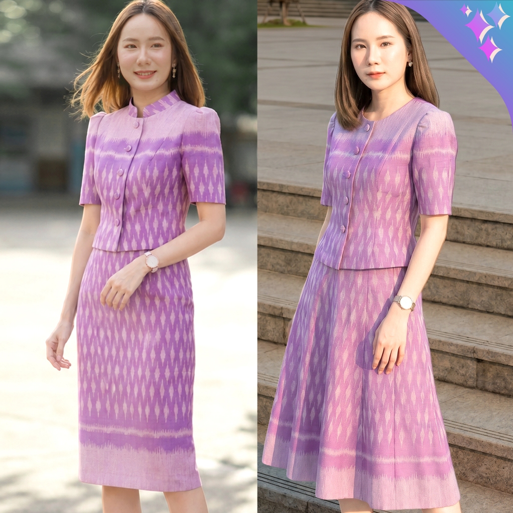 NO.05 เซตชุดทำงานผ้าไทยสีม่วงพระเทพ 🐾ผ้าทอลายข้าวหลามตัด งานสอยและอัดกาวทั้งชุด